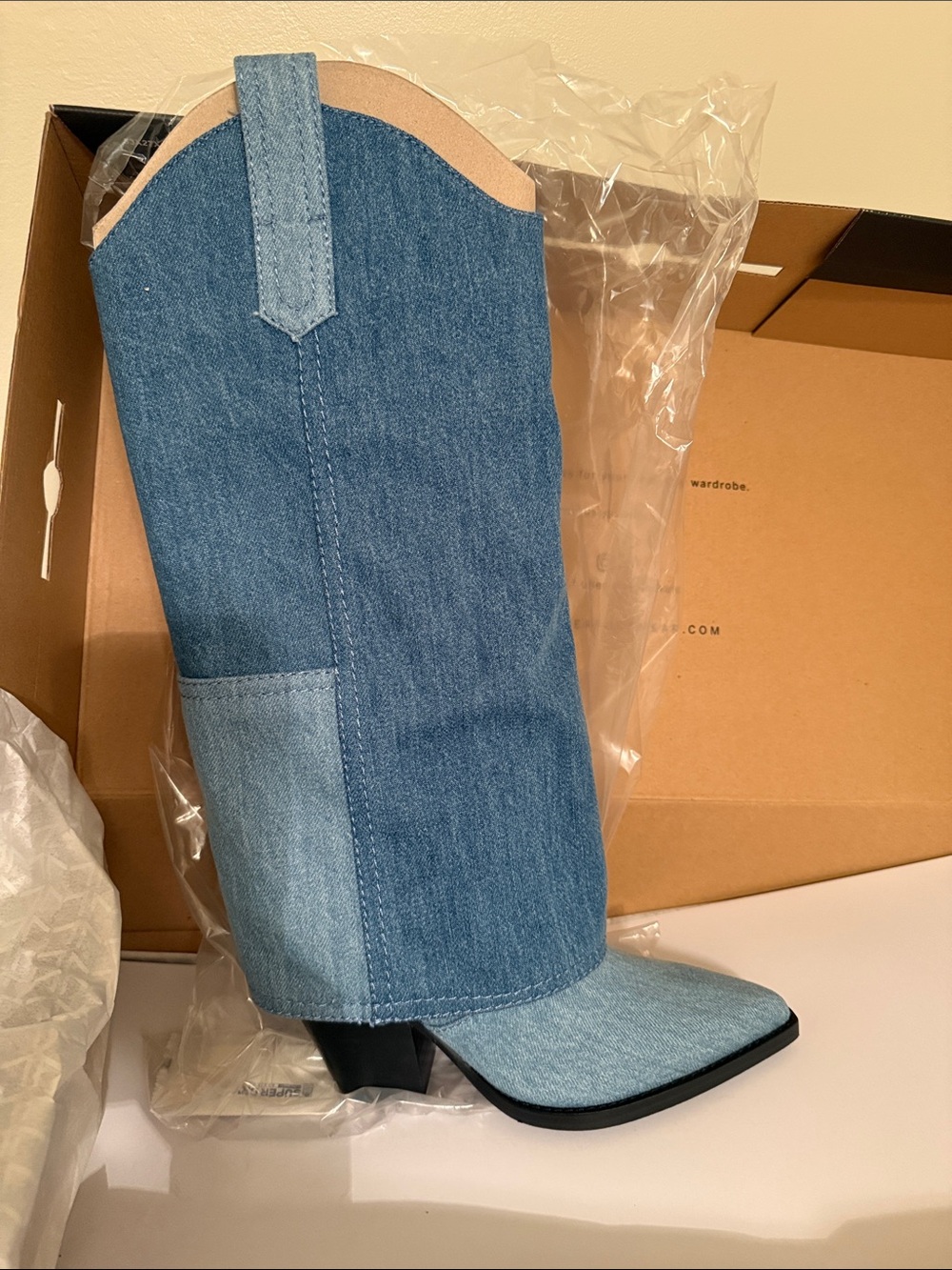 Marc Fisher Two-Tone Denim Western Knee Boot in Light and Medium Blue